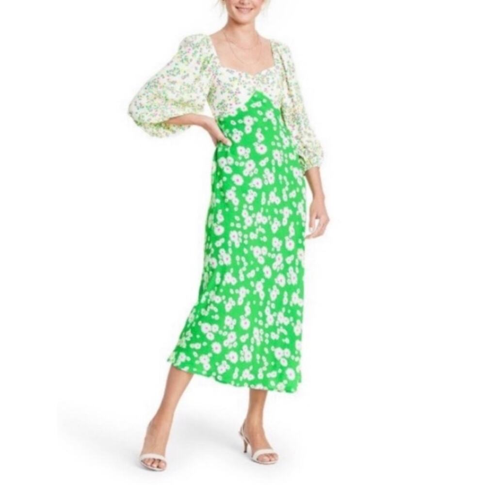 Rixo Target Smocked Back Green Midi Dress White Floral Print Womens 6 Spring